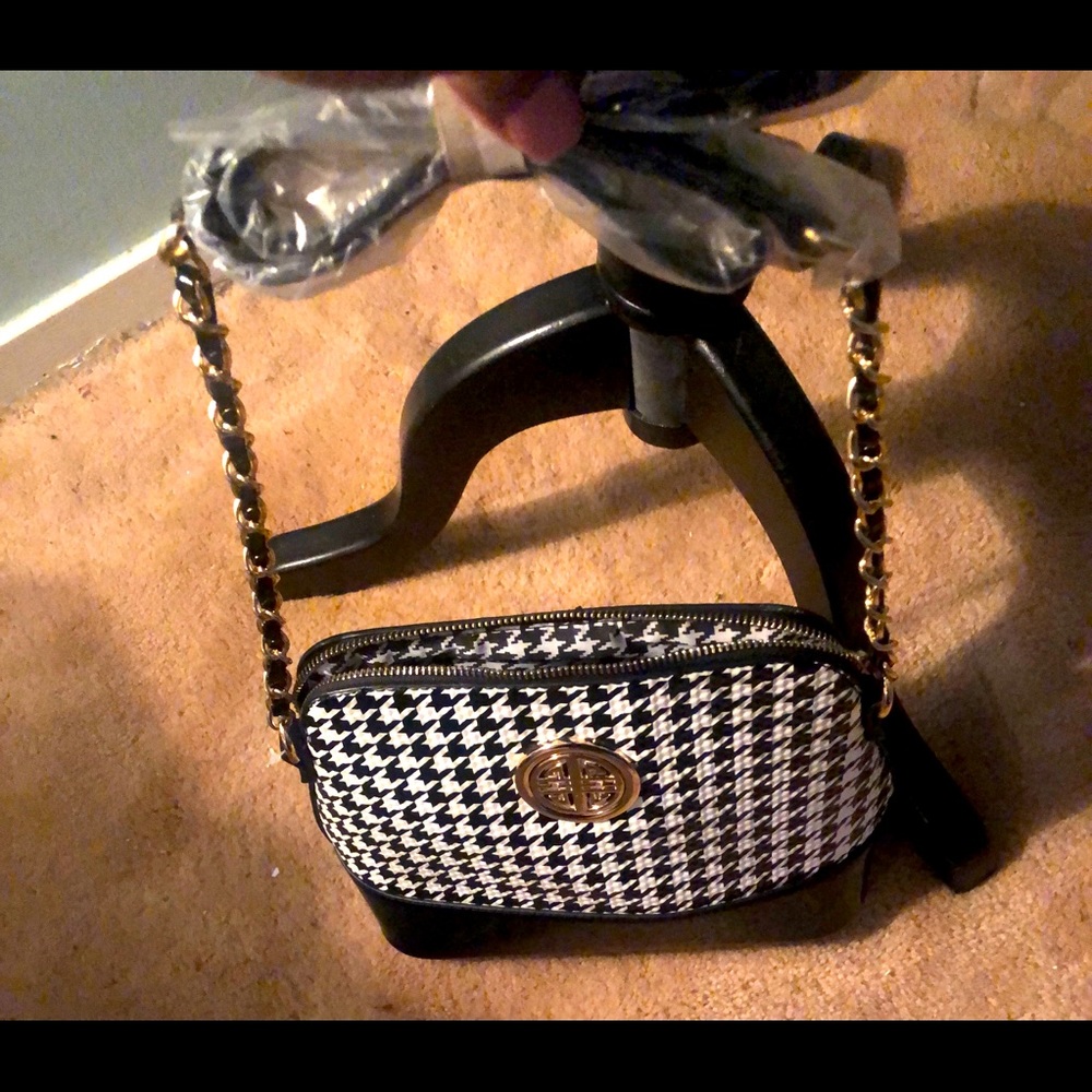Houndstooth handbag w/chain&attached shldr strap